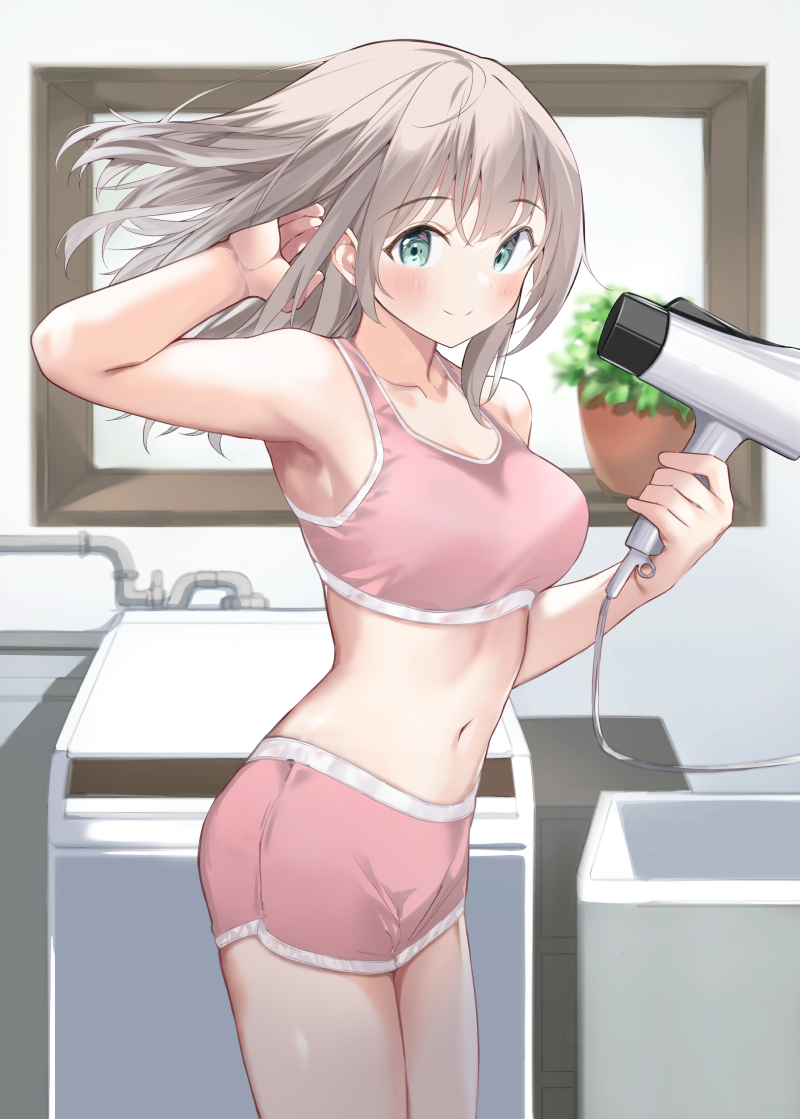 1girl arm_up blurry blurry_background boku_to_kanojo_no_onani_life brown_hair closed_mouth commentary_request drying drying_hair drying_own_hair green_eyes hair_dryer hand_in_own_hair holding holding_hair_dryer indoors kikurage_tom. long_hair looking_at_viewer loungewear midriff naomi_(boku_to_kanojo_no_onani_life) navel pink_shorts pink_sports_bra short_shorts shorts smile solo sports_bra standing top-load_washing_machine washing_machine yumehiko