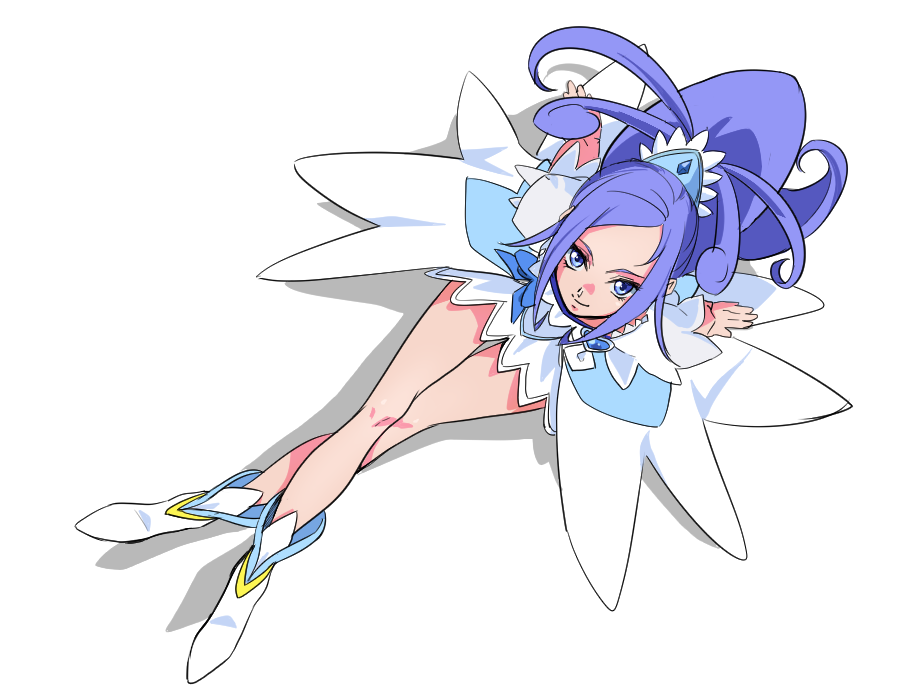 blue_bow blue_dress blue_eyes blue_hair blue_tiara boots bow brooch cure_diamond dokidoki!_precure dress from_above hair_ornament heart heart_brooch high_ponytail hishikawa_rikka jewelry long_hair looking_at_viewer looking_up magical_girl nukosann one-hour_drawing_challenge ponytail precure puffy_short_sleeves puffy_sleeves shadow short_sleeves sitting smile solo white_boots