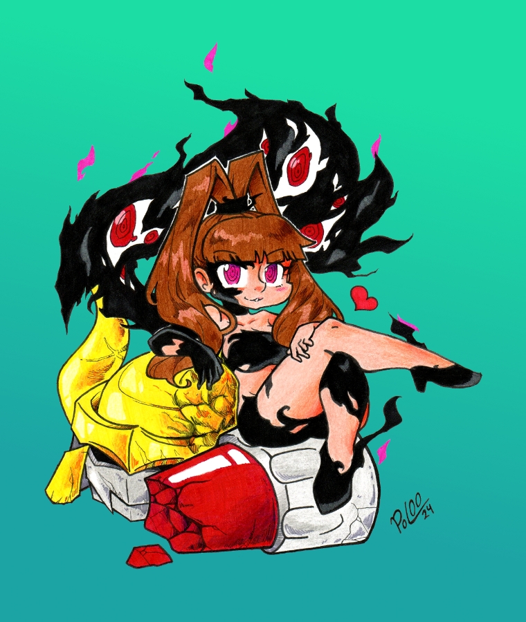 amano_nene_(digimon_xros_wars) corruption crossed_legs dark_persona darkknightmon digimon digimon_(creature) digimon_xros_wars high_heels high_ponytail legs long_hair looking_at_viewer ponytail possessed possession shademon shademon_(nene_ver.) sitting split_ponytail