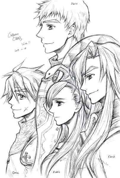1girl armor breastplate breasts chrono_cross commentary_request dario glenn headband karsh long_hair mi_(matilda-mc) multiple_boys riddel short_hair smile very_long_hair