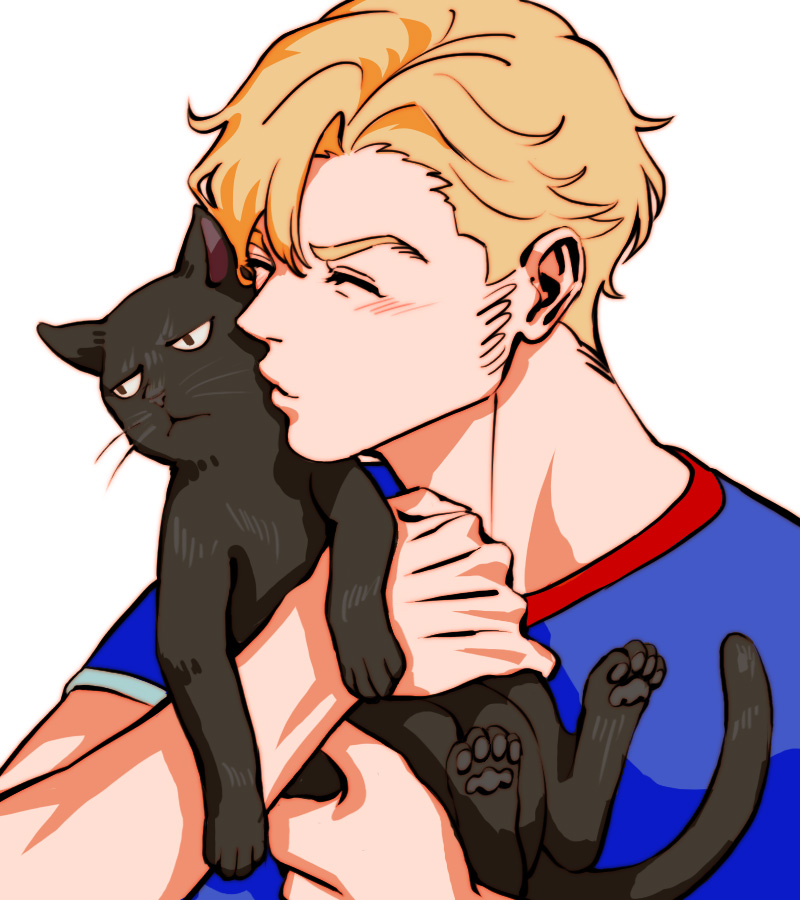 1boy aiue_oh animal animalization annoyed ao_isami black_cat black_fur black_hair blonde_hair blue_shirt blush cat closed_eyes commentary_request facial_hair holding holding_animal holding_cat kiss kissing_animal lewis_smith male_focus pawpads shirt short_hair sideburns_stubble simple_background stubble upper_body whiskers white_background yuuki_bakuhatsu_bang_bravern