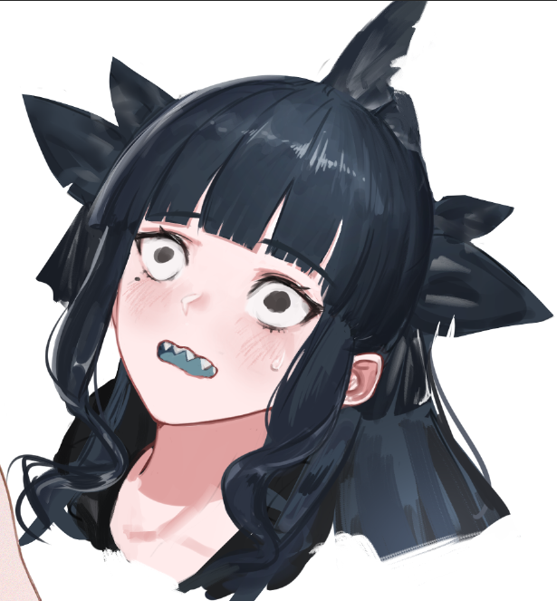 1girl artemis_of_the_blue atelier_live black_eyes black_hair blue_tongue colored_tongue commentary english_commentary ex-trident mole mole_under_eye open_mouth ponytail shark_fin shark_girl sharp_teeth simple_background solo sweatdrop teeth virtual_youtuber wavy_sidelocks white_background