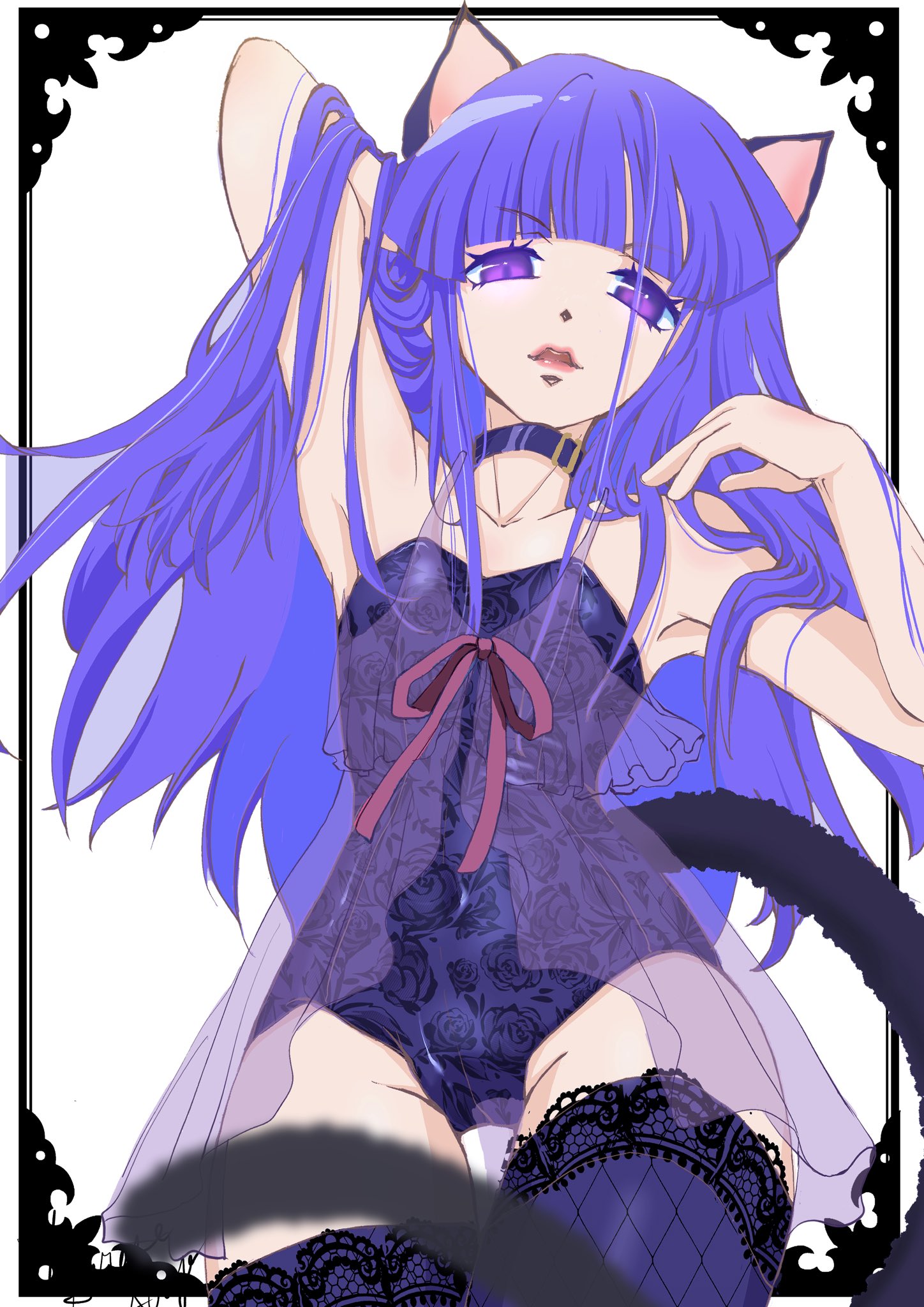 1girl animal_ears armpits arms_up blue_hair blue_leotard blunt_bangs bow cat_ears cat_tail choker eyelashes flat_chest floral_print frederica_bernkastel hand_in_own_hair highres lace lace-trimmed_legwear lace-trimmed_thighhighs lace_trim leotard long_hair looking_at_viewer nightgown open_mouth out_of_frame parted_lips purple_eyes purple_nightgown red_ribbon ribbon see-through_clothes sirase_souya solo tail thighhighs umineko_no_naku_koro_ni white_background