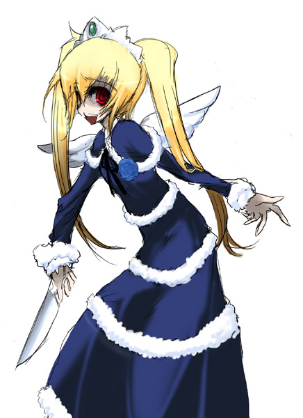 1girl blonde_hair blue_dress cleaver dress fancy female_focus fur_trim futaba_channel knife long_hair nijiura_maids open_mouth red_eyes ringed_eyes simple_background solo twintails white_background wings