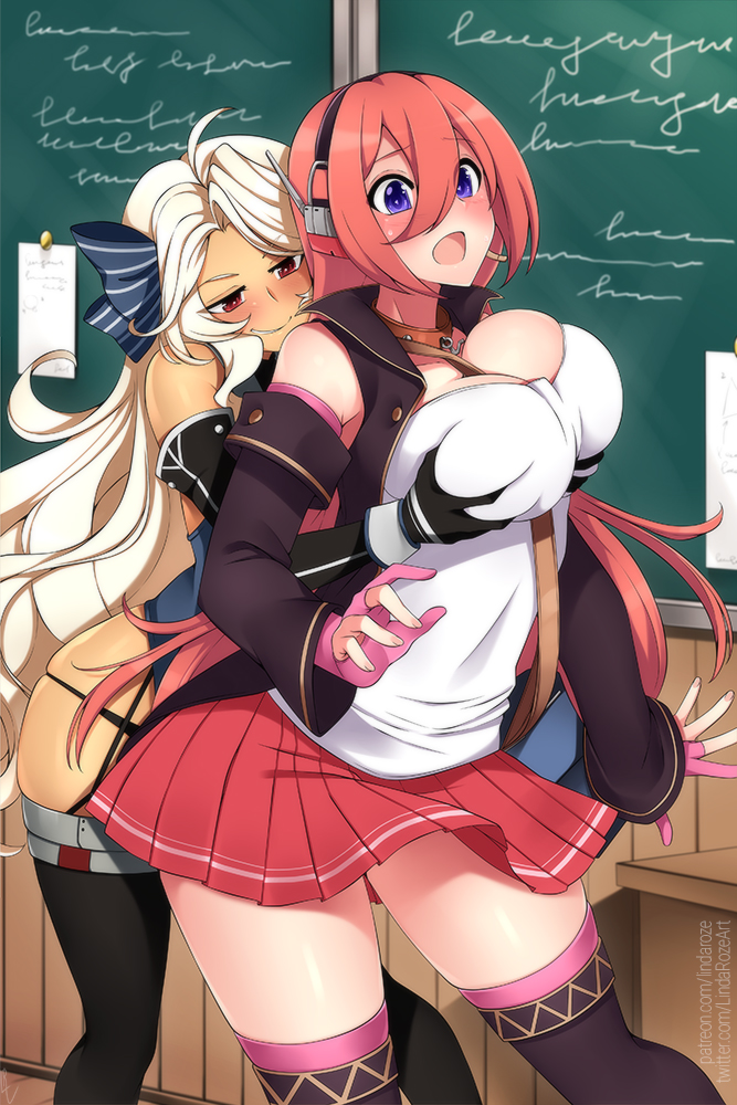 2girls ahoge azur_lane bare_shoulders black_gloves black_jacket blonde_hair blue_eyes blush breasts brooklyn_(azur_lane) chalkboard cleavage commentary dark-skinned_female dark_skin detached_sleeves elbow_gloves english_commentary gloves grabbing_another&#039;s_breast groping hair_between_eyes jacket large_breasts lindaroze long_hair multiple_girls open_mouth partially_fingerless_gloves pink_hair ranger_(azur_lane) red_eyes tank_top