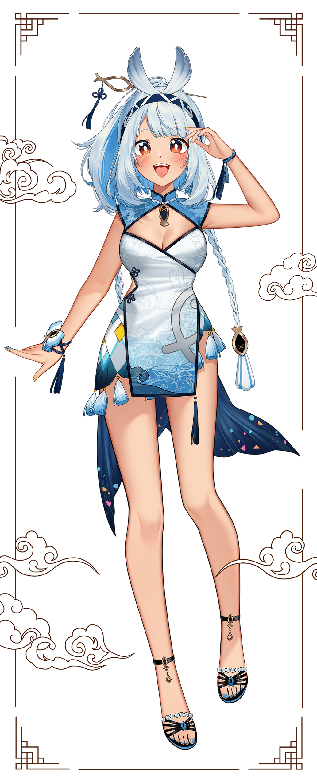 1girl absurdres alternate_costume black_hairband blue_hair blue_nails breasts bright_pupils china_dress chinchilla_ears chinchilla_girl chinese_clothes cleavage dress fish-shaped_pupils full_body genshin_impact hairband hand_up highres jewelry long_hair looking_at_viewer mualani_(genshin_impact) necklace open_mouth red_eyes shrimp_cake smile solo standing tan teeth upper_teeth_only white_pupils