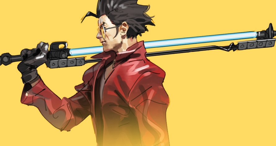 1boy black_hair denim energy_sword gloves jacket jeans male_focus nin_nakajima no_more_heroes pants red_jacket shirt short_hair smile solo sunglasses sword travis_touchdown weapon