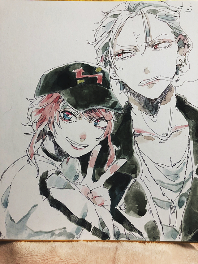 2boys aegyo_sal amemura_ramuda anger_vein aohitsugi_samatoki baseball_cap blue_eyes blush cigarette clenched_teeth collarbone ear_piercing earrings from_side furrowed_brow grimace grin hair_slicked_back hat hatching_(texture) hoop_earrings hypnosis_mic ibo_(8539rna) jacket jewelry leather leather_jacket looking_at_viewer looking_to_the_side loose_hair_strand male_focus multiple_boys necklace nose_blush official_alternate_costume painting_(medium) parted_bangs pectoral_cleavage pectorals photo_(medium) piercing pink_hair red_eyes short_hair short_hair_with_long_locks smile smoke smoking straight-on stud_earrings sweatdrop sweater teeth traditional_media upper_body v v-shaped_eyebrows watercolor_(medium) white_hair
