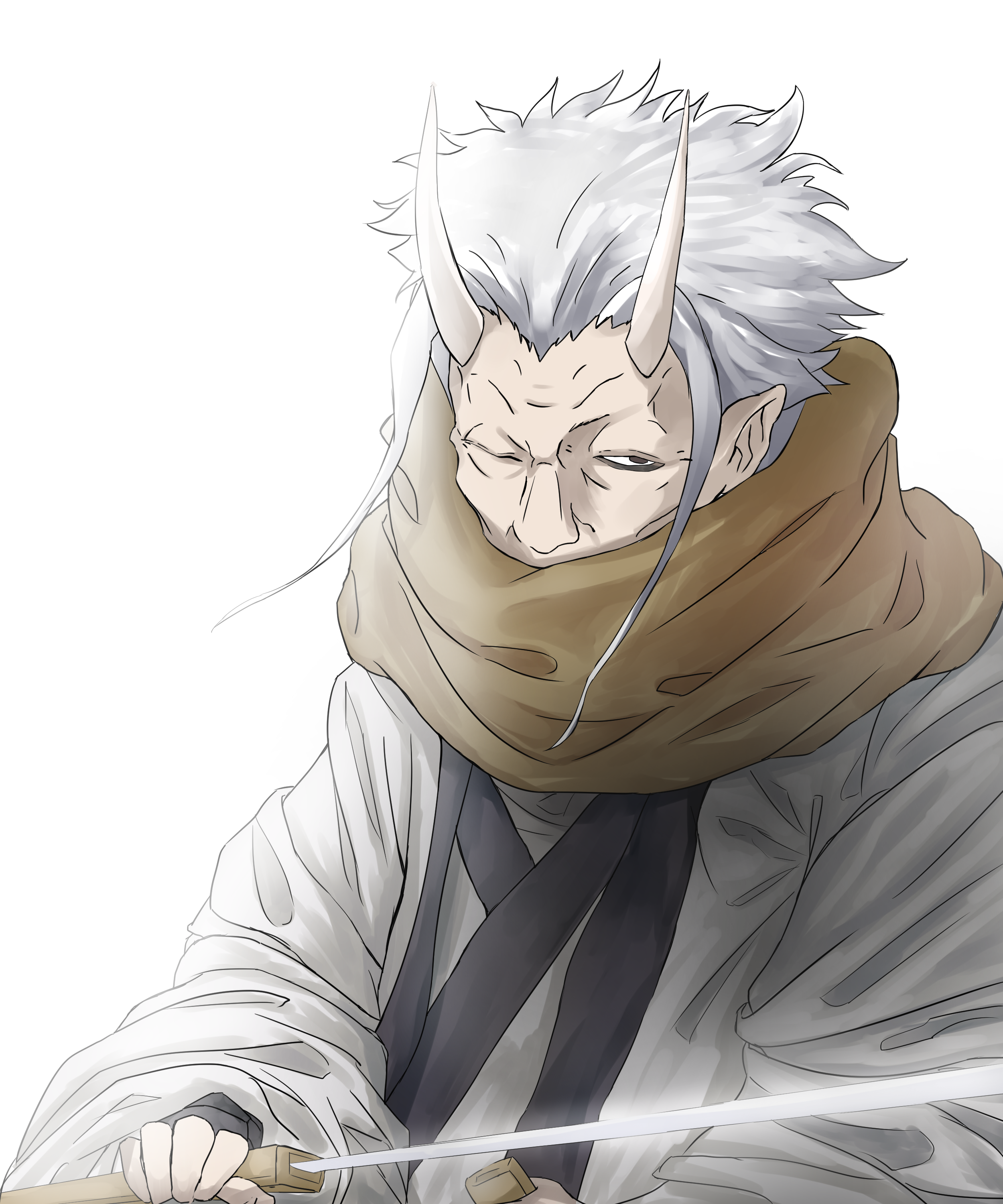 10s 1boy absurdres black_eyes brown_scarf covered_mouth grey_hair hakuro_(tensura) highres holding holding_sword holding_weapon horns long_sleeves looking_at_viewer male_focus old old_man one_eye_closed oni oni_horns scarf solo sword tensei_shitara_slime_datta_ken upper_body weapon white_background wide_sleeves