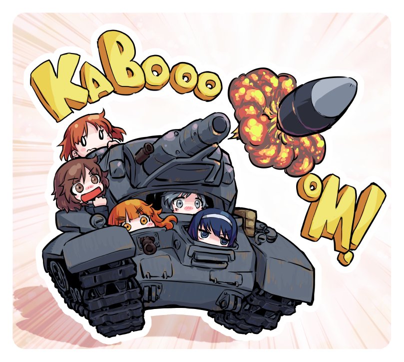 0_0 10s 5girls ahoge akiyama_yukari black_eyes black_hair blue_jacket blunt_bangs brown_eyes brown_hair chibi closed_mouth commentary emphasis_lines explosion frown girls_und_panzer hairband isuzu_hana jacket long_hair military military_uniform military_vehicle monolith_(suibou_souko) motor_vehicle multiple_girls nishizumi_miho ooarai_military_uniform open_mouth orange_eyes orange_hair panzer_iv reizei_mako short_hair smile sound_effects takebe_saori tank tank_shell white_hairband