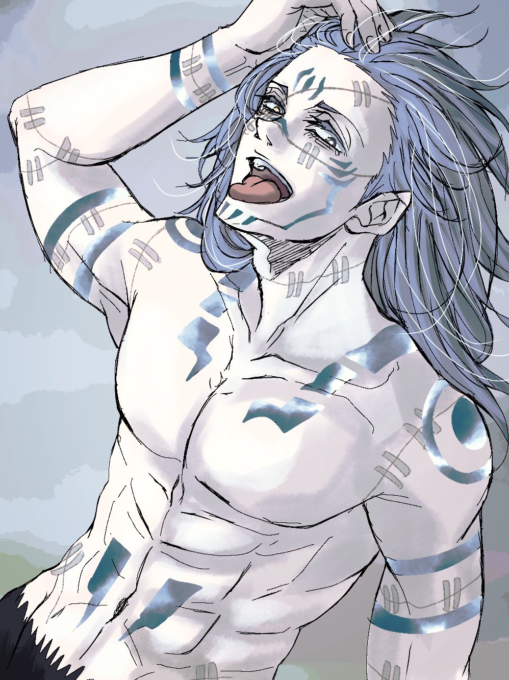 1boy abs arm_tattoo blue_eyes blue_hair collarbone facial_tattoo fusion heterochromia highres ivii3 jujutsu_kaisen long_hair mahito_(jujutsu_kaisen) male_focus open_mouth possessed ryoumen_sukuna_(jujutsu_kaisen) shoulder_tattoo solo stitched_arm stitched_face stitched_neck stitches stomach_tattoo tattoo tongue tongue_out upper_body yellow_eyes