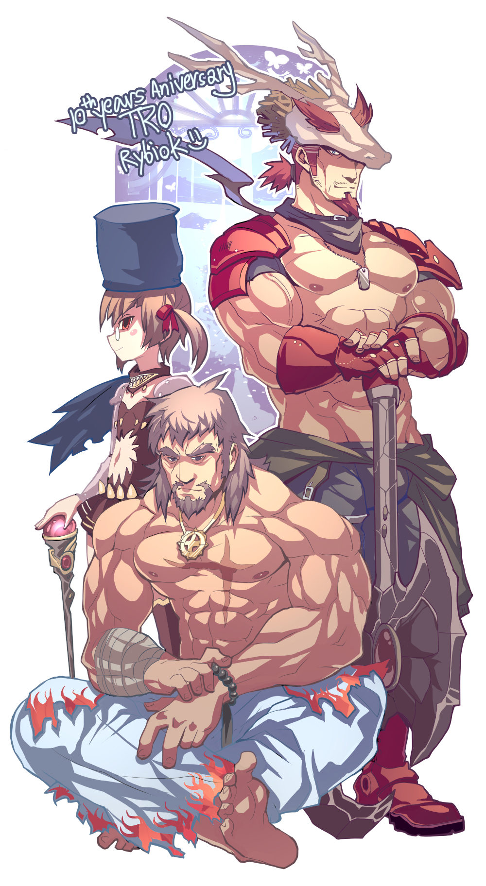 1girl 2boys animal_skull anniversary armor axe bara barefoot beard black_pants brown_shirt cane closed_mouth clothing_cutout commentary_request cross cross_necklace cross_of_prontera facial_hair flame_print full_body gauntlets genetic_(ragnarok_online) glasses goatee highres holding holding_axe holding_cane jewelry looking_at_viewer male_focus mature_male mechanic_(ragnarok_online) multiple_boys muscular muscular_male mustache_stubble navel_cutout necklace nipples pants pauldrons pince-nez ragnarok_online red_armor red_hair rybiok shirt short_hair shoulder_armor sitting skull_on_head smile standing stubble sura_(ragnarok_online) topless_male white_background white_pants