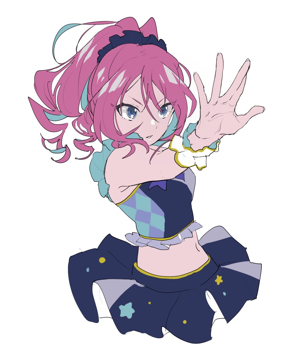 1girl aikatsu!_(series) aikatsu_stars! bad_id bad_twitter_id blue_eyes blue_shirt blue_skirt cowboy_shot cropped_legs drill_hair idol_clothes long_hair midriff open_mouth outstretched_arm pink_hair pleated_skirt sakuraba_rola shiontaso shirt simple_background skirt sleeveless sleeveless_shirt solo standing white_background