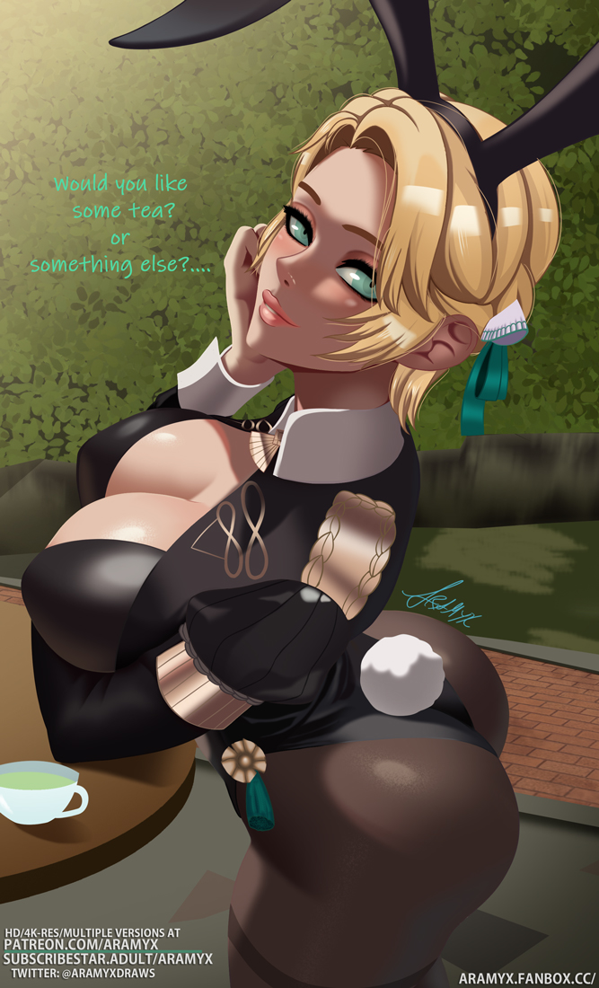 1girl alternate_costume aqua_eyes aramyx ass bare_shoulders blonde_hair blush breasts fire_emblem fire_emblem:_three_houses from_above hair_bun ingrid_brandl_galatea large_breasts leotard looking_at_viewer nintendo pantyhose playboy_bunny rabbit_ears rabbit_tail short_hair smile solo tail