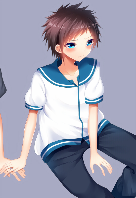 10s 1boy blue_eyes brown_hair kanatougo male_focus nagi_no_asukara sailor_collar sakishima_hikari school_uniform short_hair simple_background sitting