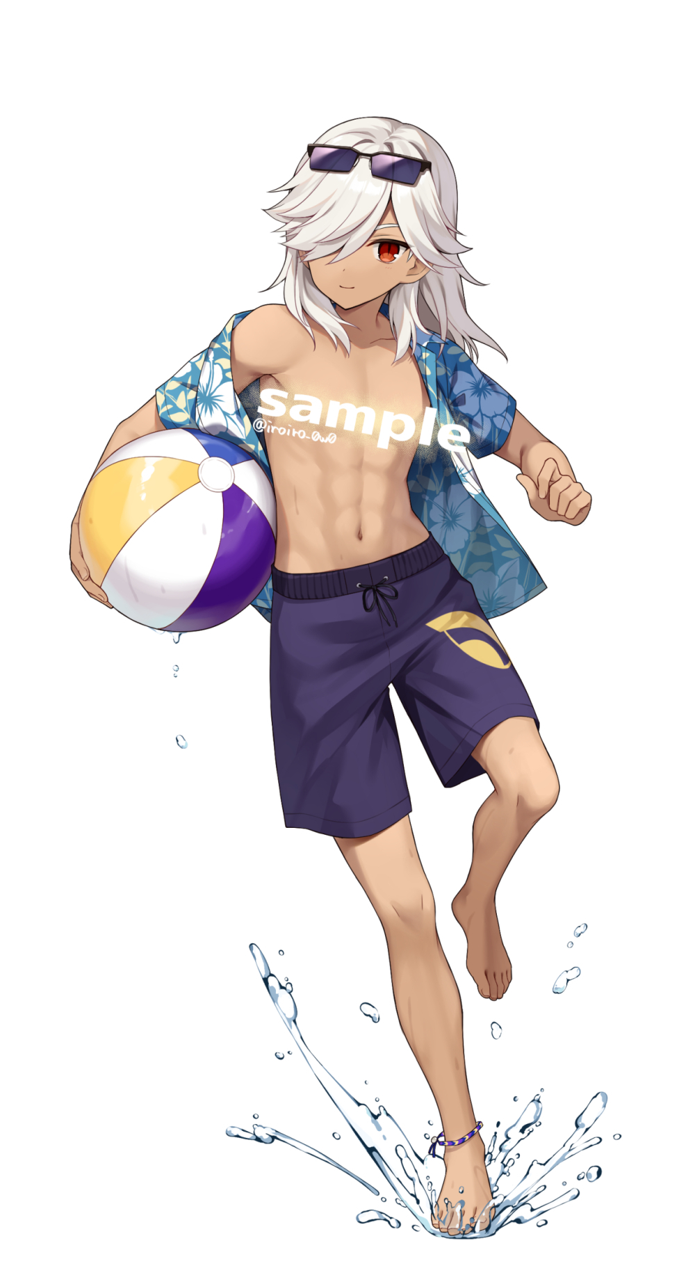 1boy ball barefoot beachball closed_mouth cyno_(genshin_impact) dark-skinned_male dark_skin feet genshin_impact hair_between_eyes hair_over_one_eye highres holding holding_ball holding_beachball iroiro_0w0 long_hair male_focus male_swimwear navel purple_male_swimwear red_eyes sample_watermark semi-rimless_eyewear smile splashing stomach sunglasses watermark white_hair