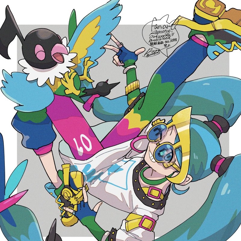 1girl bird chatot commentary_request crossover fingerless_gloves gen_4_pokemon gloves grin hatsune_miku jewelry leggings long_hair low-tied_long_hair multicolored_footwear multicolored_hair multicolored_leggings nintendo normal_miku_(project_voltage) one_eye_closed pokemon pokemon_(creature) print_shirt project_voltage ring sagemaru-br shirt shoes signature smile sneakers sunglasses teeth twintails vocaloid w white_shirt