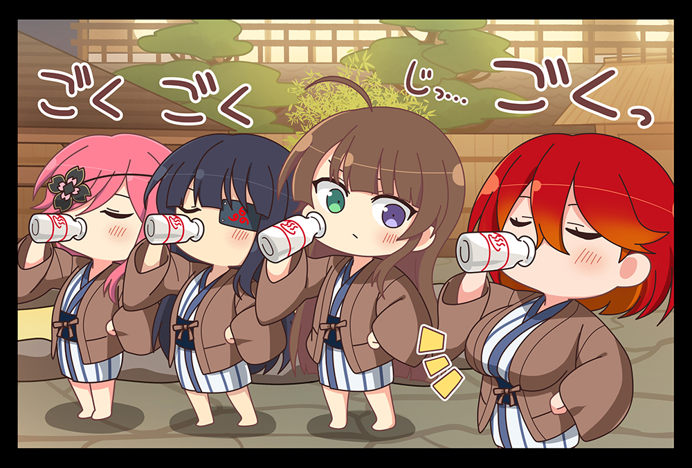 black_hair blue_eyes blush bottle breast_envy breasts brown_hair chinese_knot closed_eyes cup drinking_glass eyepatch flat_chest green_eyes hair_over_eyes hair_over_one_eye heterochromia japanese_clothes kazakiri_(senran_kagura) kimono kureha_(senran_kagura) large_breasts long_hair medium_breasts milk_bottle mirai_(senran_kagura) multicolored_hair official_art onsen orange_hair red_eyes red_hair ryoubi_(senran_kagura) senran_kagura senran_kagura_new_link short_hair tomoe_(symbol) two-tone_hair