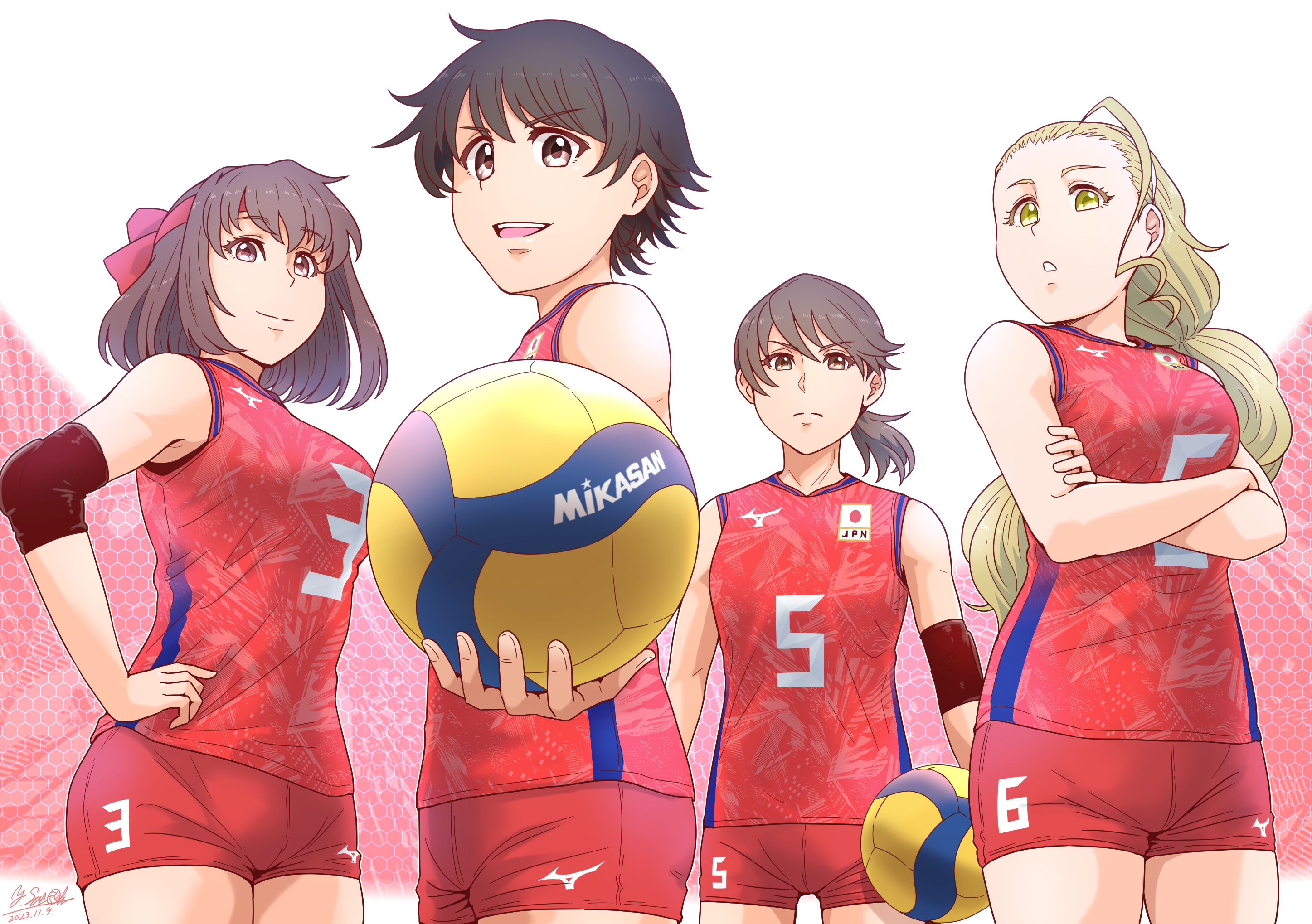 4girls alternate_costume artist_name ball blonde_hair brand_name_imitation brown_eyes brown_hair closed_mouth commentary dated elbow_pads frown girls_und_panzer hair_pulled_back hairband hand_on_own_hip headband highres holding holding_ball isobe_noriko japanese_flag kawanishi_shinobu kondou_taeko logo long_hair looking_at_viewer medium_hair mikasa_sports multiple_girls open_mouth ponytail red_headband red_shirt red_shorts sasaki_akebi satou_yasu shirt short_hair short_ponytail short_shorts shorts signature sleeveless sleeveless_shirt smile sportswear standing swept_bangs volleyball volleyball_(object) volleyball_uniform white_hairband