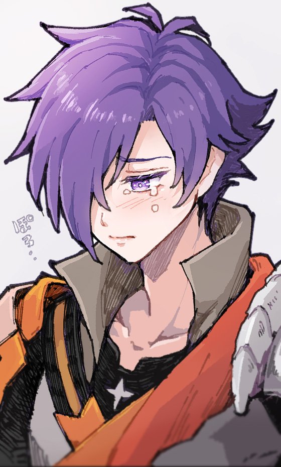 1boy armor belt black_shirt blush chest_belt closed_mouth collarbone collared_shirt commentary crying crying_with_eyes_open eyelashes fire_emblem fire_emblem:_three_houses fire_emblem_warriors:_three_hopes grey_shirt hair_over_one_eye high_collar kuhaha looking_down male_focus male_shez_(fire_emblem) nintendo one_eye_covered parted_bangs parted_hair pauldrons popped_collar purple_eyes purple_hair red_scarf scarf shirt shoulder_armor single_pauldron solo symbol-only_commentary tears upper_body