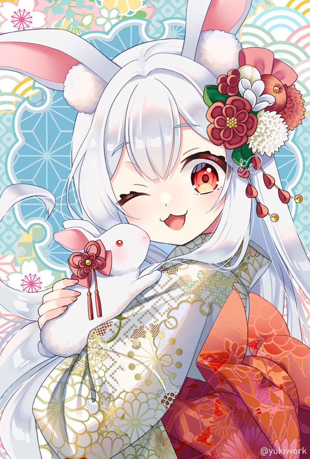 1girl 2023 animal animal_ear_fluff animal_ears chinese_zodiac flower hair_flower hair_ornament highres holding holding_animal japanese_clothes kimono long_hair looking_at_viewer obi one_eye_closed open_mouth original rabbit rabbit_ears rabbit_girl red_eyes red_sash sash smile white_hair white_kimono year_of_the_rabbit yukinko_(yukiwork)