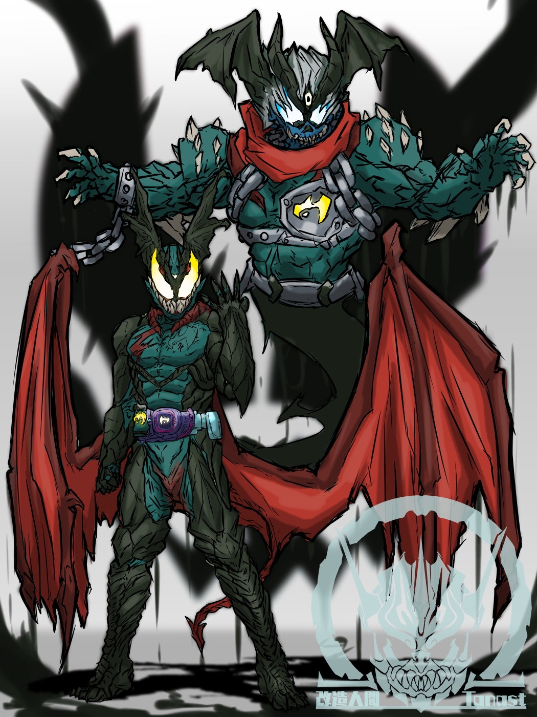 2boys armor artist_logo bat_wings black_armor black_gloves blue_eyes chain cosplay crossover cyborg_human_tanast demon_wings devilman devilman_(character) devilman_(character)_(cosplay) gauntlets gloves glowing glowing_eyes green_armor head_wings highres kamen_rider kamen_rider_revi kamen_rider_revice kamen_rider_vice logo male_focus multiple_boys red_wings revice_driver rider_belt shoulder_spikes spikes spirit trait_connection upper_body vistamp white_hair wings