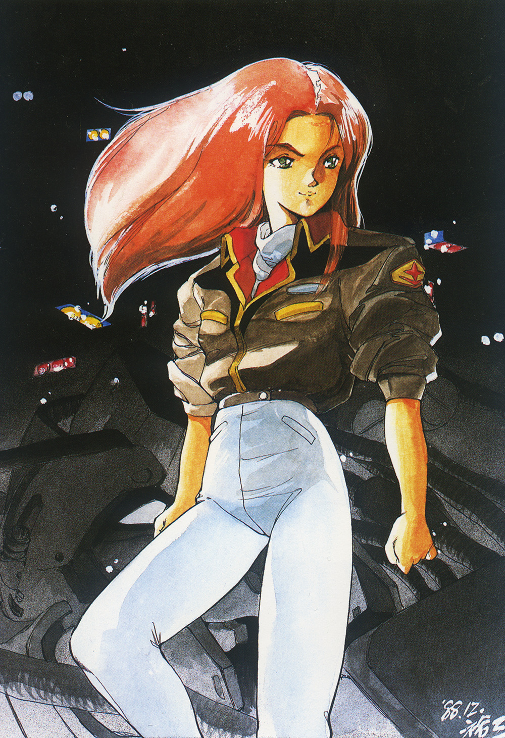 1980s_(style) 1988 1girl christina_mackenzie dated earth_federation green_eyes gundam gundam_0080 gundam_alex highres insignia jacket long_hair lying machinery mecha military military_uniform mobile_suit oldschool promotional_art red_hair retro_artstyle robot scan science_fiction serious signature takada_yuuzou tarpaulin traditional_media v-fin when_you_see_it