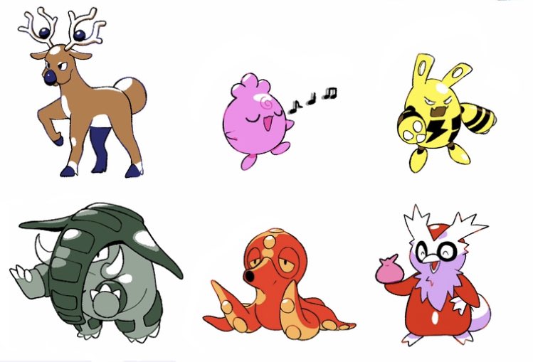 :d black_eyes claws closed_eyes creatures_(company) delibird donphan elekid game_freak gen_2_pokemon holding igglybuff music musical_note nintendo no_humans octillery open_mouth pokemon pokemon_(creature) simple_background singing smile standing stantler tusks tyako_089 u_u white_background