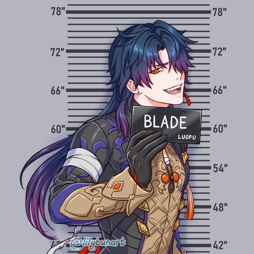 1boy artist_name bandages bandages_over_clothes barbie_mugshot_(meme) black_coat black_gloves black_ribbon blade_(honkai:_star_rail) blue_hair character_name coat commentary dark_blue_hair ear_piercing earrings english_commentary evil_smile fangs gloves gradient_hair hair_over_one_eye hand_up holding holding_sign honkai:_star_rail honkai_(series) jewelry lilybunart long_hair long_sleeves looking_at_viewer male_focus meme multicolored_hair open_mouth piercing purple_hair red_eyes ribbon sarashi sign single_earring smile solo tassel teeth upper_body