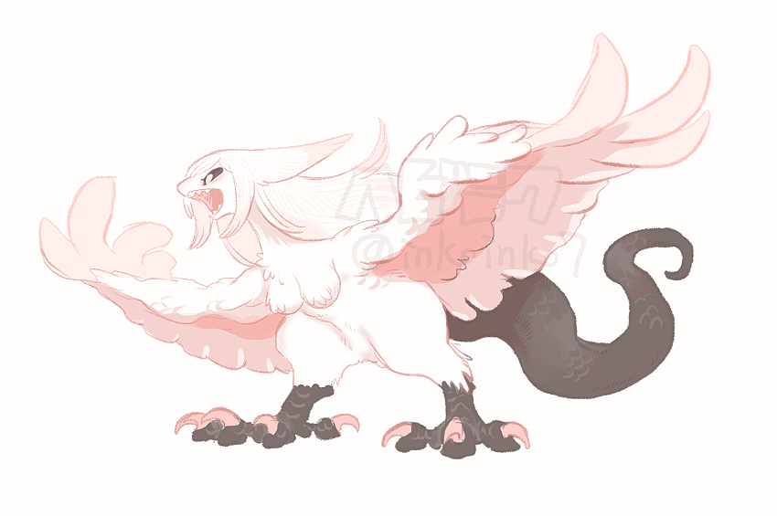 1girl breasts brown_sclera claws colored_sclera feathered_wings full_body inkoinko7 lizard_tail long_hair looking_to_the_side monster original pink_eyes pink_hair pink_wings simple_background solo standing tail white_background white_fur wings
