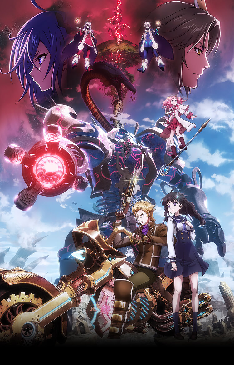 3boys 4girls ahoge blonde_hair blue_hair blue_sky boots brown_boots brown_gloves brown_jacket cloud commentary_request day edgar_(ta_ga_tame_no_alchemist) fingerless_gloves floating forehead gloves grey_hair gun hair_ornament hand_on_own_chest hand_up high-waist_skirt holding holding_gun holding_weapon jacket lisbeth_finn_lustburg long_hair long_sleeves majin_(ta_ga_tame_no_alchemist) mira_(ta_ga_tame_no_alchemist) motor_vehicle motorcycle multiple_boys multiple_girls nyx_(ta_ga_tame_no_alchemist) official_art on_motorcycle pants pink_hair pleated_skirt profile riding school_uniform second-party_source setsuna_(ta_ga_tame_no_alchemist) short_hair siblings skirt sky staff staff_riding standing suspender_skirt suspenders ta_ga_tame_no_alchemist twins underbust weapon zain_(ta_ga_tame_no_alchemist)