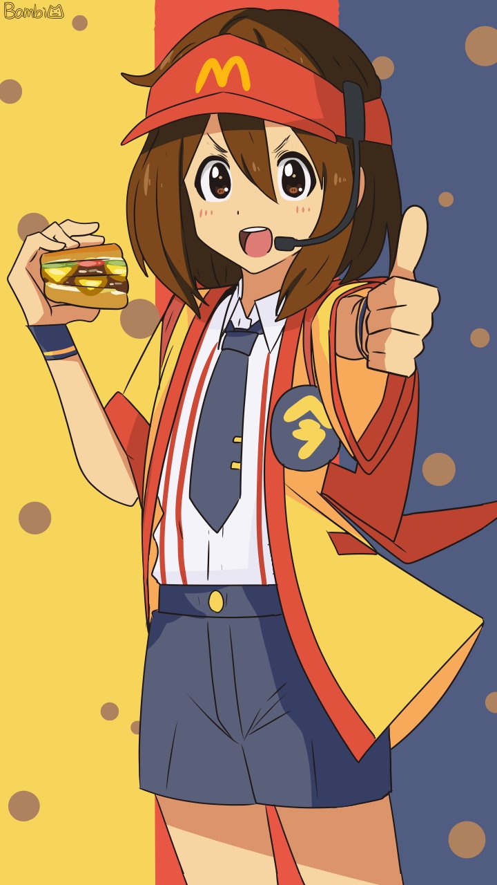 1girl :d artist_name badge bambi2000line black_shorts brown_hair burger button_badge commentary_request cosplay food highres hirasawa_yui holding holding_burger holding_food imadake_dabuchi_tabemi imadake_dabuchi_tabemi_(cosplay) k-on! looking_at_viewer mcdonald&#039;s necktie open_mouth shirt shorts smile solo striped_clothes striped_shirt teeth thumbs_up tongue twitter_username upper_teeth_only visor_cap watermark white_shirt