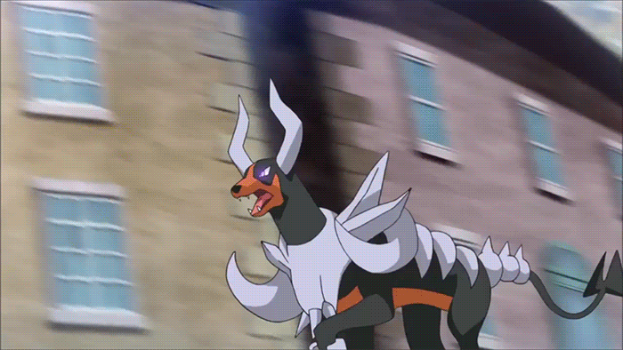 1girl animated animated_gif blonde_hair bonnie_(pokemon) gen_2_pokemon gen_4_pokemon houndoom luxray mega_houndoom mega_pokemon nintendo pokemon pokemon_(creature) riding side_ponytail