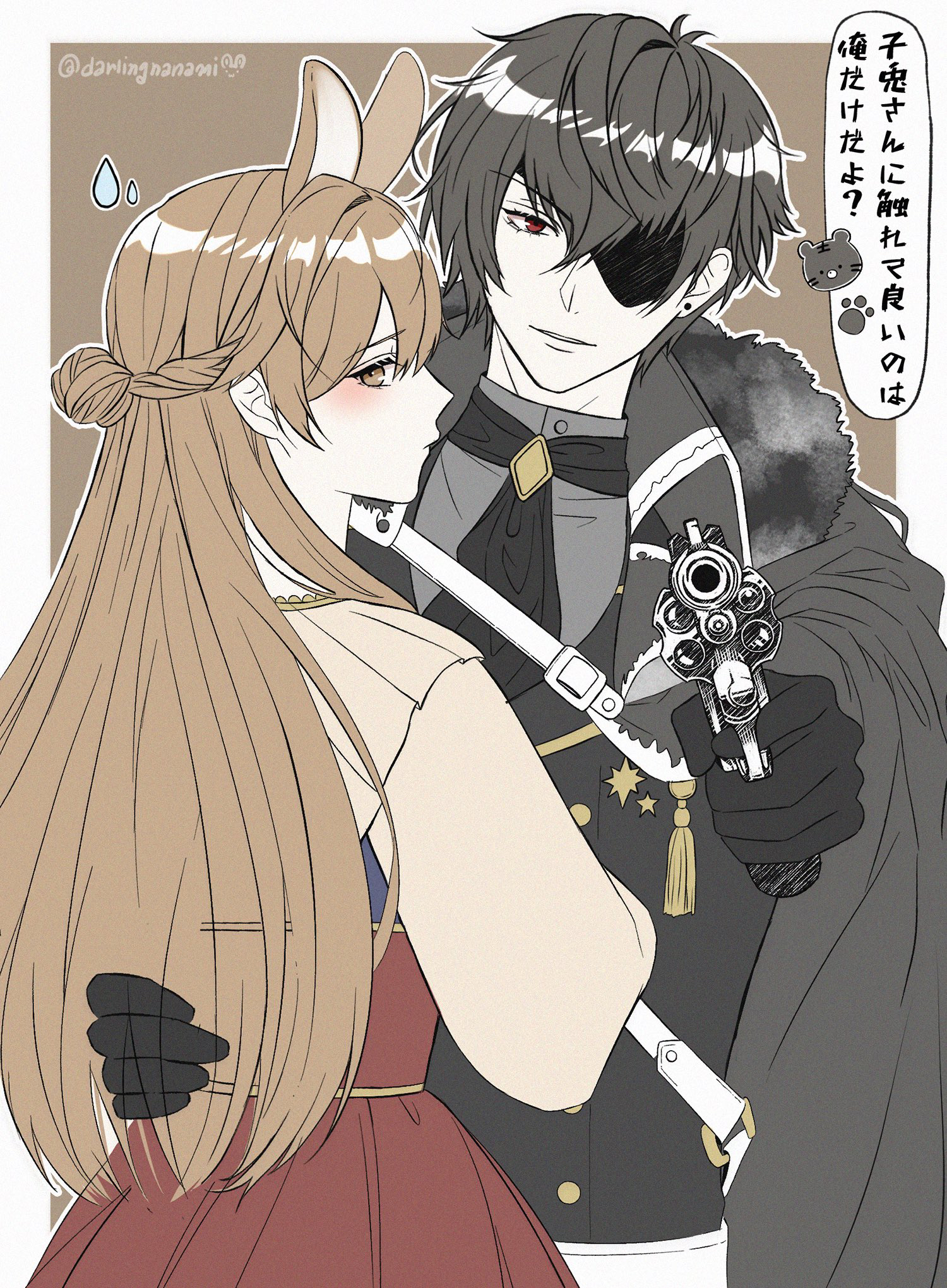 1boy 1girl aiming animal_ears artist_name ascot black_ascot black_coat black_gloves black_hair brown_background brown_hair coat darlingnanami earrings emma_(ikemen_prince) eyepatch finger_on_trigger fur_trim gilbert_von_obsidian gloves gun hair_between_eyes hand_around_waist handgun hetero highres ikemen_prince jewelry long_sleeves looking_at_viewer aiming red_eyes revolver short_hair small_sweatdrop speech_bubble stud_earrings translation_request weapon