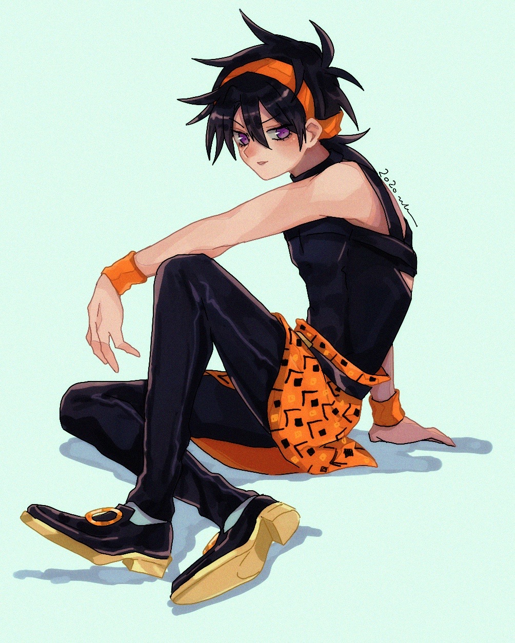 1boy 2020 black_hair black_shoes hairband highres jojo_no_kimyou_na_bouken male_focus mikage_kazuki narancia_ghirga pants pants_under_skirt purple_eyes shirt shoes sleeveless sleeveless_shirt solo vento_aureo wristband