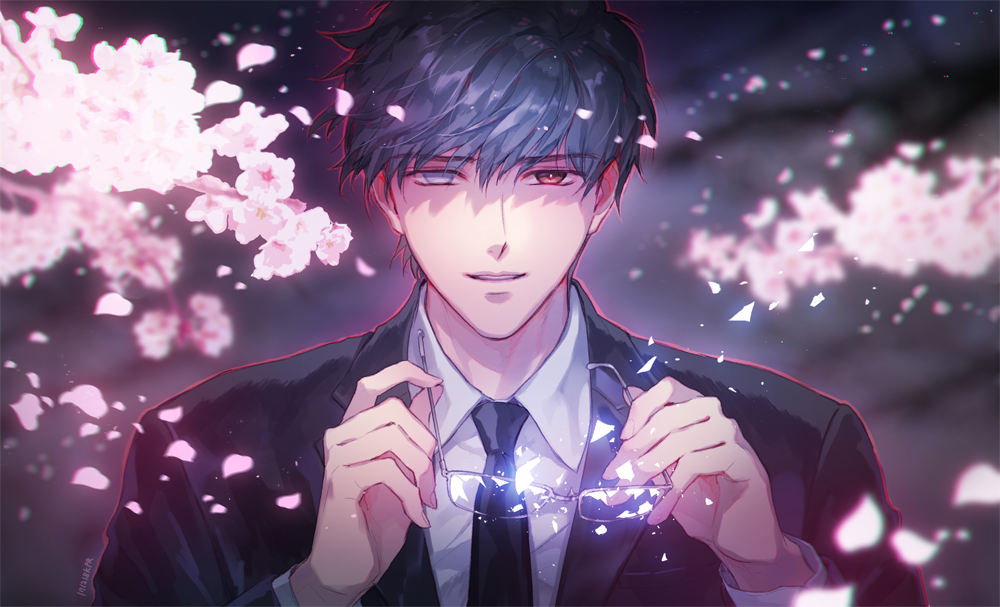 1boy black_hair blurry broken_eyewear broken_glass cherry_blossoms depth_of_field empty_eyes formal_clothes glass glasses glowing holding holding_removed_eyewear looking_at_viewer necktie parted_lips red_eyes sakurazuka_seishirou short_hair solo suit tokyo_babylon unworn_eyewear upper_body x_(manga)
