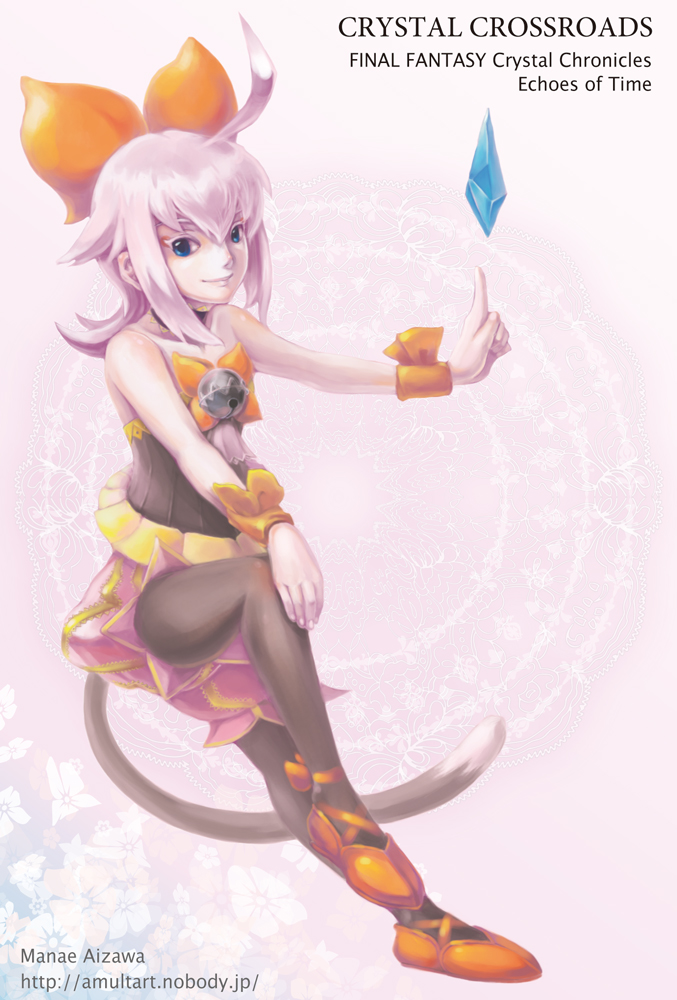 1girl ahoge ascot bad_id bad_pixiv_id bare_shoulders bell black_ascot black_pantyhose black_shirt blue_eyes bow cat_tail choker closed_mouth commentary_request copyright_name cross-laced_footwear crystal female_focus final_fantasy_crystal_chronicles:_echoes_of_time flat_chest hair_bow index_finger_raised jingle_bell long_hair looking_at_viewer orange_bow orange_shoes pantyhose pink_ascot pink_shorts sherlotta shirt shoes shorts sidelocks silver_hair sitting smile solo strapless tail tube_top two-tone_background watermark web_address wrist_wrap zawanko