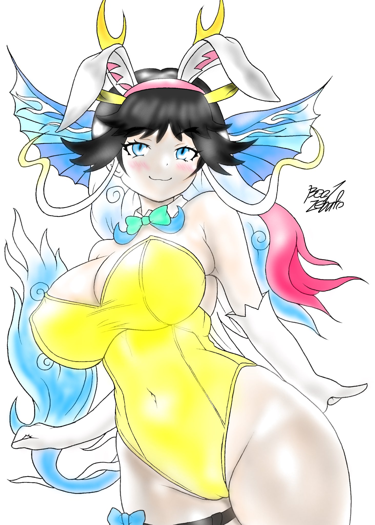 1girl animal_ears beelzebufofrog black_hair blue_eyes bow bowtie breasts bunny_day cleavage covered_navel detached_collar dragon_ears extra_ears fake_animal_ears giraffe_ears giraffe_girl giraffe_horns giraffe_tail gloves highleg highleg_leotard highres horns kemono_friends kemono_friends_3 kirin_(kemono_friends) large_breasts leotard long_hair looking_at_viewer multicolored_hair pantyhose playboy_bunny rabbit_ears red_hair smile solo strapless strapless_leotard tail white_hair wings