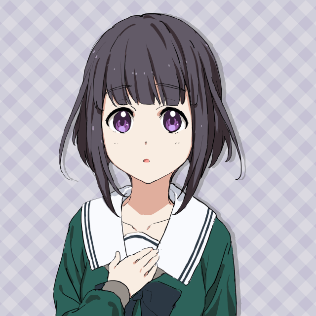 1girl 22/7 22/7_ongaku_no_jikan akutsu_kasuka black_bow black_bowtie black_hair blunt_bangs bow bowtie collarbone drop_shadow green_shirt grey_background hand_on_own_chest long_sleeves looking_at_viewer official_art parted_lips portrait purple_eyes rokubanchou_school_uniform sailor_collar school_uniform serafuku shirt short_hair solo straight-on white_sailor_collar winter_uniform