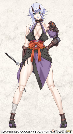 1girl bandages bare_shoulders breasts cleavage dagger female_focus grey_eyes knife light_purple_hair lipstick long_hair makeup panties queen&#039;s_blade rin-sin shizuka_(queen&#039;s_blade) side-tie_panties solo standing underwear weapon