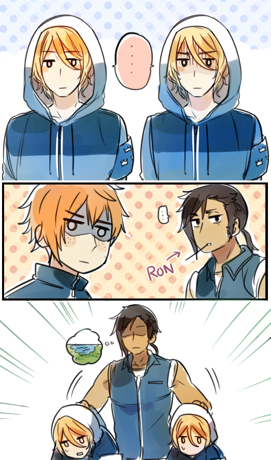 ... 10s 4boys arrow_(symbol) black_hair blonde_hair blush_stickers caliburn_(fate) carnwennan carrying carrying_under_arm casual character_name cioccolatodorima comic dark-skinned_male dark_skin excalibur_(mythology) fate_(series) hood hoodie jacket jitome lake long_hair male_focus mole mole_under_eye multiple_boys orange_hair original personification ponytail rhongomyniad_(fate) shaded_face short_hair sideburns sidelocks silent_comic sleeveless speech_bubble thought_bubble touken_ranbu track_jacket vest