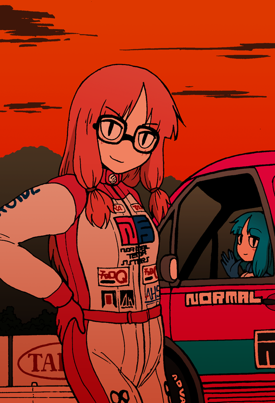 2girls alternate_costume bespectacled black_clouds blue_gloves blue_hair car choro-q closed_mouth cloud commentary_request cowboy_shot evening glasses gloves hand_on_own_hip jumpsuit kotonoha_akane kotonoha_aoi light_blush long_hair looking_at_viewer low-tied_sidelocks motor_vehicle mountainous_horizon multiple_girls nisaka orange_sky outdoors race_vehicle racecar racing_suit red_gloves siblings sidelocks sisters sky smile smirk standing v-shaped_eyebrows voiceroid waving