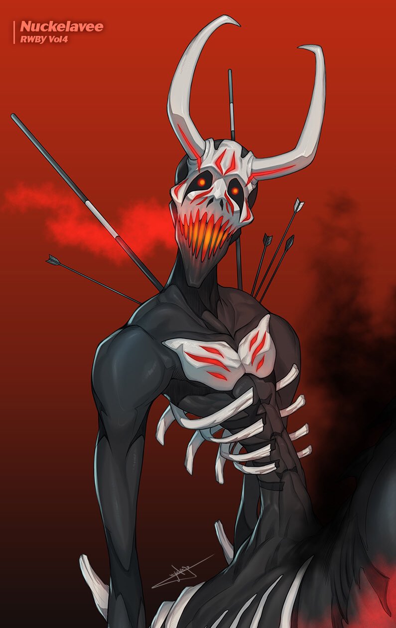 arrow_(projectile) arrow_in_body character_name commentary copyright_name english_commentary glowing_mouth grimm_(rwby) highres horns monster no_humans nuckelavee_(rwby) official_art open_mouth red_background red_eyes ribs rwby signature simple_background smoke upper_body uyalago