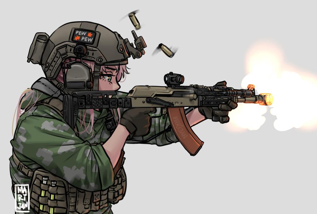 1girl ak-74m assault_rifle firing from_side green_eyes grey_background gun helmet holding holding_gun holding_weapon kalashnikov_rifle load_bearing_vest mardjan muzzle_flash original pink_hair rifle shell_casing solo weapon
