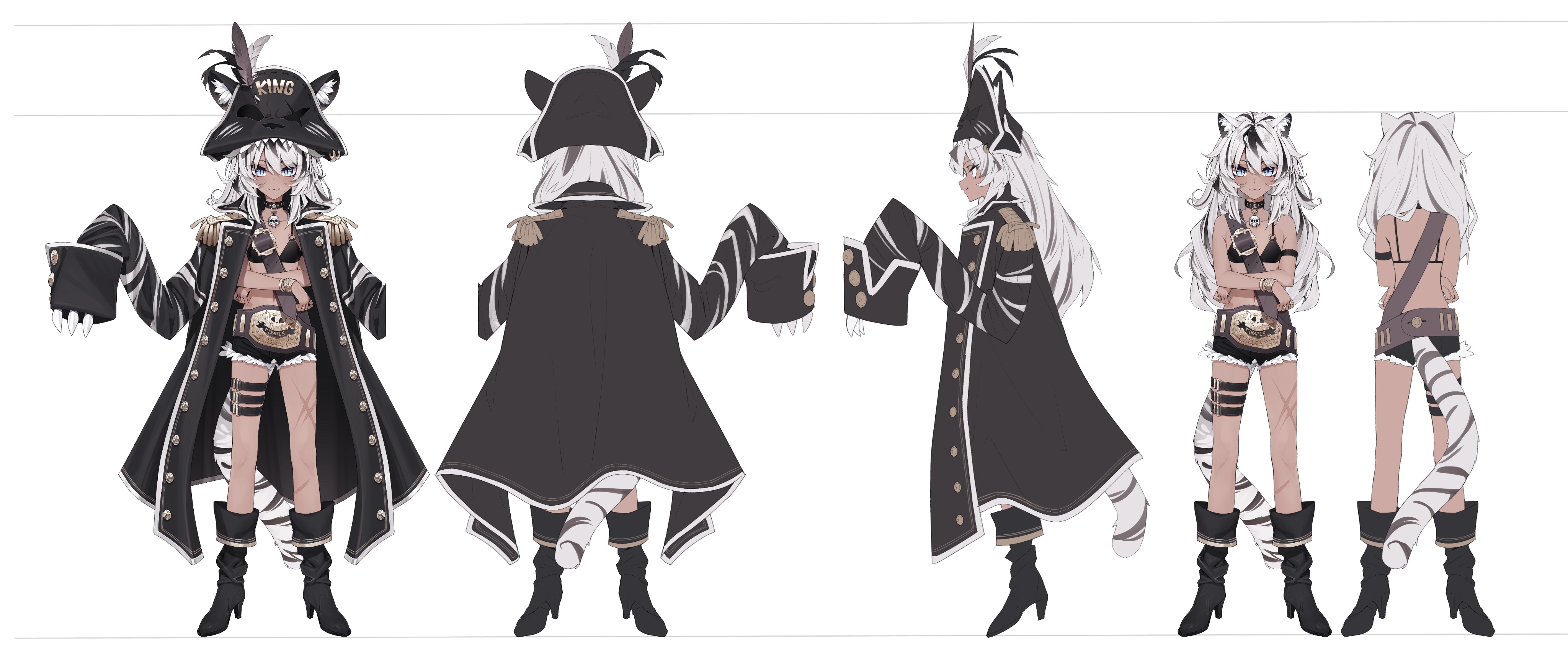 1girl absurdres animal_ear_fluff animal_ears black_bra black_coat black_footwear black_hat black_nails black_shorts blue_eyes bra reference_sheet choker closed_mouth coat commentary dark-skinned_female dark_skin english_commentary full_body gaomi_goro grey_hair hat highres jewelry kamameshi_gougoumaru multicolored_hair multiple_rings multiple_views official_art original pirate_hat ring second-party_source shorts sleeves_past_fingers sleeves_past_wrists standing stellarversepro streaked_hair tail two-tone_hair underwear virtual_youtuber white_background
