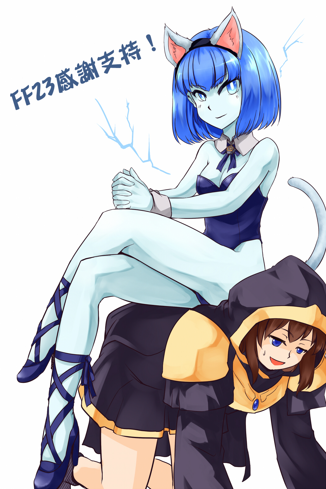 2girls all_fours alternate_costume animal_ears artist_self-insert blue_eyes blue_hair blue_skin breasts brown_hair cat_ears cat_tail cleavage colored_skin cross-laced_footwear crossed_legs detached_collar electricity gender_request genderswap high_heels highres kemonomimi_mode kittysuit league_of_legends long_hair multiple_girls nam_(valckiry) nontraditional_playboy_bunny personification short_hair simple_background sitting sitting_on_person summoner_(league_of_legends) tail wrist_cuffs xerath
