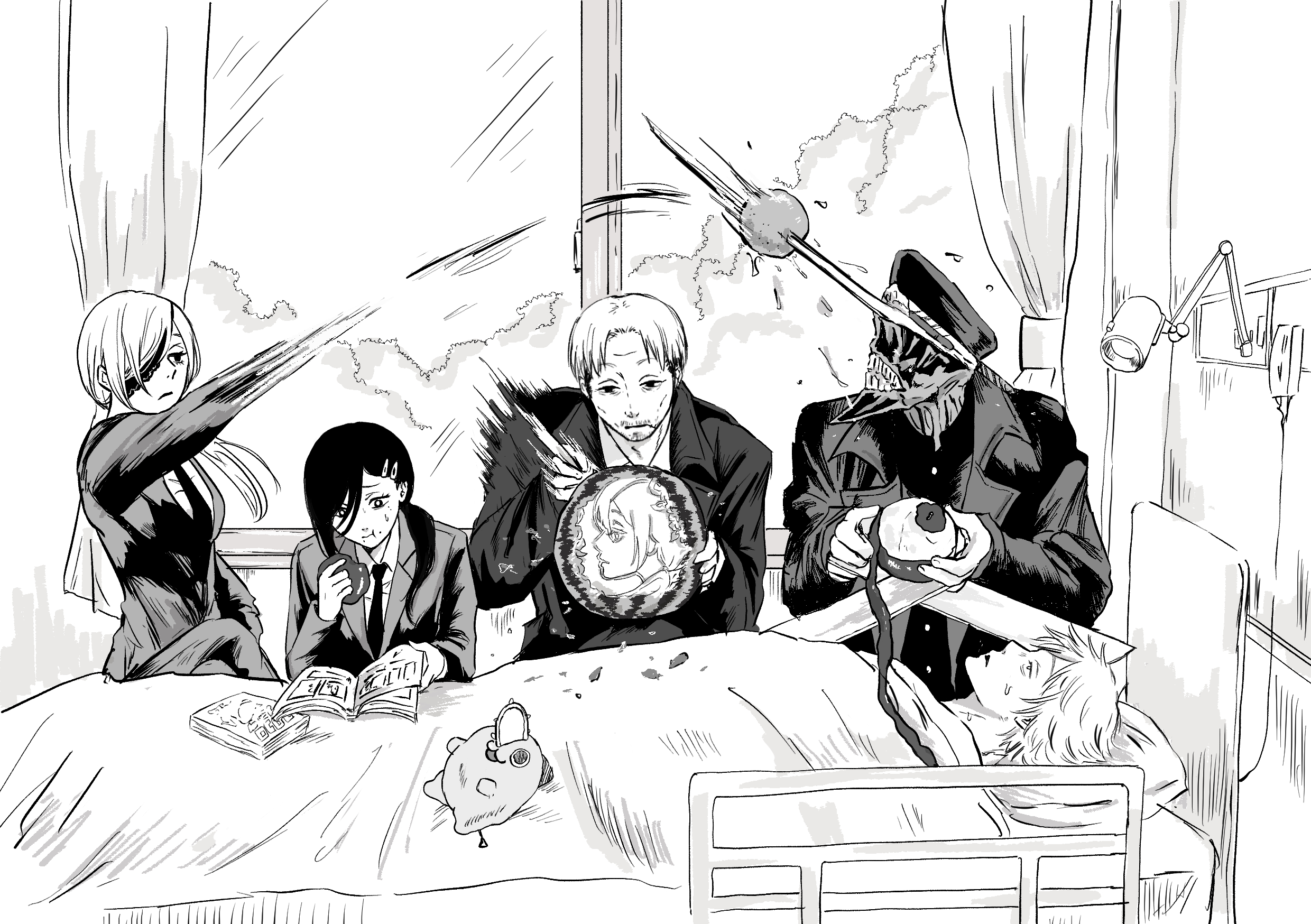 2girls 3boys alternate_hair_length alternate_hairstyle apple bed book carving chainsaw_man closed_mouth commentary_request denji_(chainsaw_man) eating food food_in_mouth formal_clothes fruit higashiyama_kobeni highres holding holding_book hospital hospital_bed iing_naoe indoors katana_man_(chainsaw_man) kishibe_(chainsaw_man) long_hair long_sleeves lying monochrome multiple_boys multiple_girls necktie on_back open_book open_mouth quanxi_(chainsaw_man) reading shirt short_hair sitting suit throwing watermelon