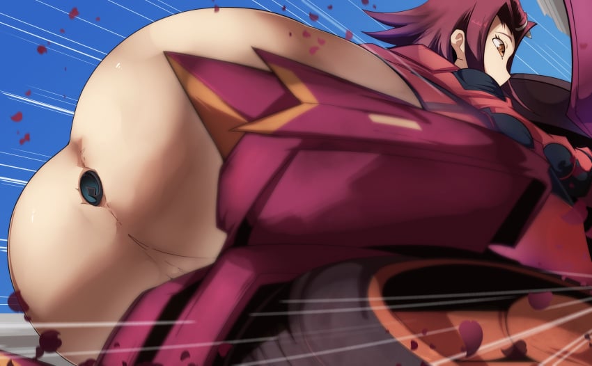 anus ass biker_clothes bikesuit bodysuit bottomless brown_eyes buttplug_in_ass cleft_of_venus d-wheel hair_ornament huge_ass izayoi_aki medium_hair orphen_(pink_seito) petals pinkseito pussy red_hair rose_petals uncensored yu-gi-oh! yu-gi-oh!_5d&#039;s