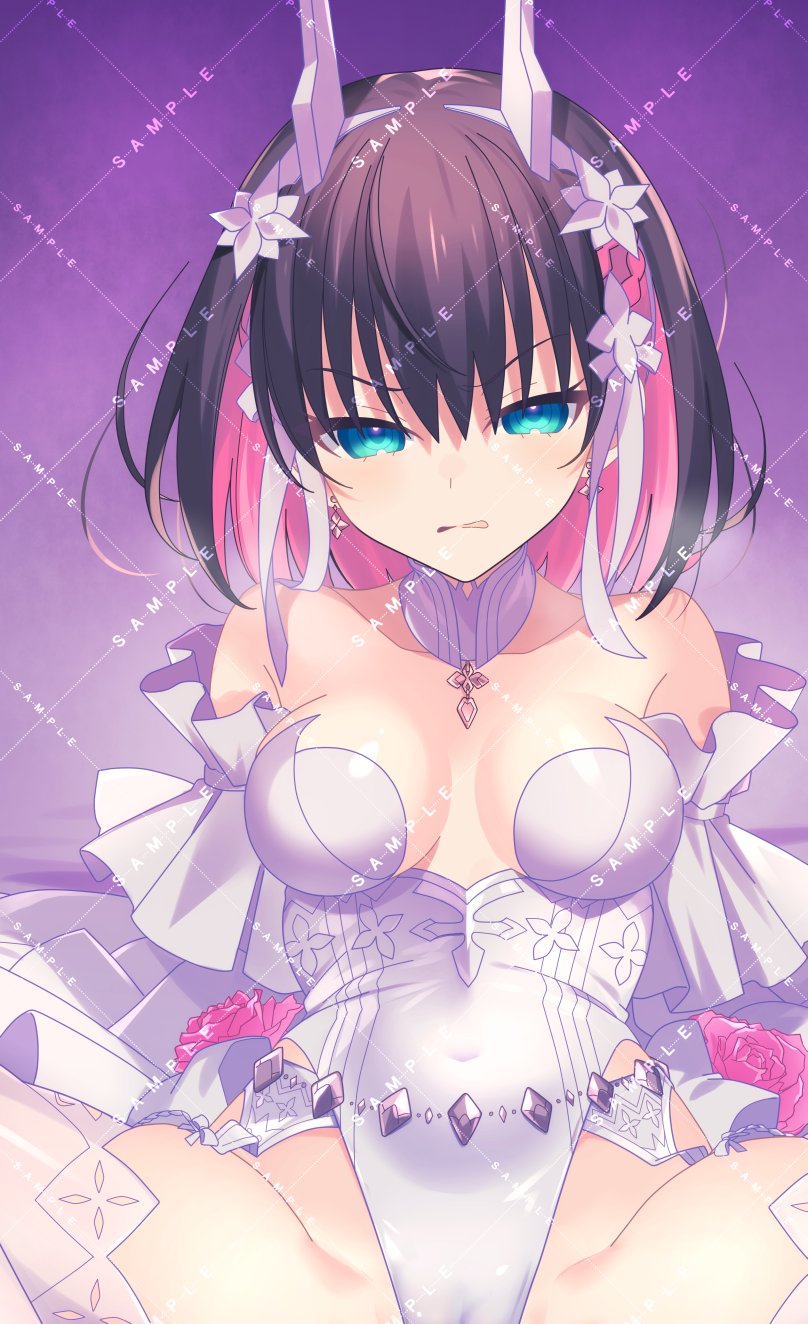 1girl azure_striker_gunvolt azure_striker_gunvolt_3 bare_shoulders black_hair breasts cropped dress highres kirin_(gunvolt) leotard lololotton medium_breasts multicolored_hair paid_reward_available pink_hair purple_background sample_watermark simple_background skirt solo strapless strapless_leotard two-tone_hair watermark white_dress white_leotard white_skirt