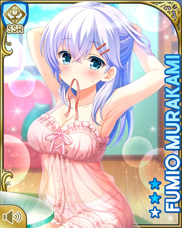 1girl alternate_hairstyle aqua_eyes bare_arms bare_shoulders barefoot bedroom braid card_(medium) curtains day dress girlfriend_(kari) hair_ornament hair_over_shoulder hairclip indoors kneeling long_hair looking_at_viewer murakami_fumio nightgown object_in_mouth official_art on_bed pink_dress qp:flapper ribbon sleepwear solo tagme tying_hair window